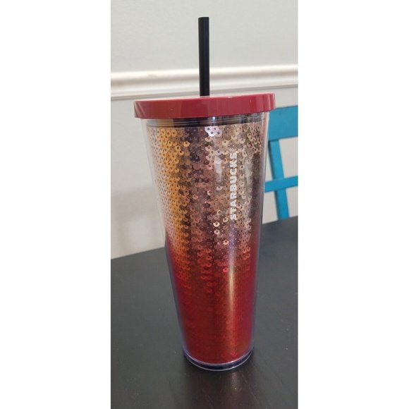 Starbucks 2018 Holiday Red Gold Ombre Sequins Cold Cup 24 fl oz - Picture 1 of 4